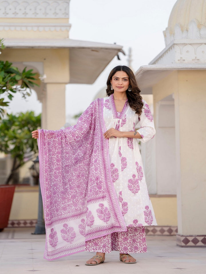 Cotton A-Line Kurta, Palazzo &amp; Dupatta Set