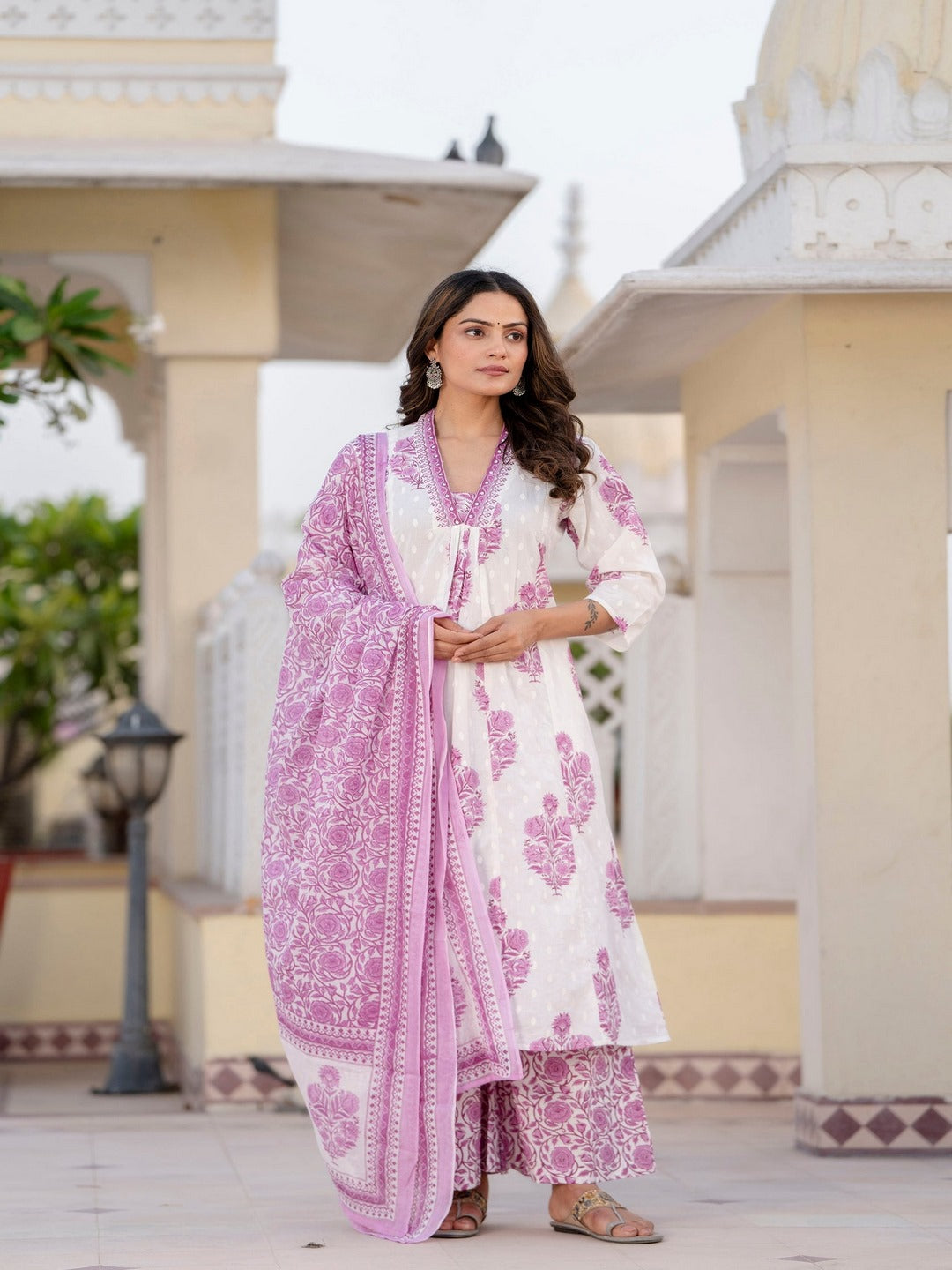 Cotton A-Line Kurta, Palazzo &amp; Dupatta Set
