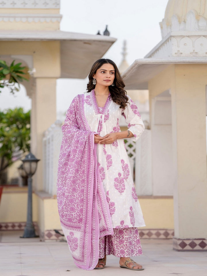 Cotton A-Line Kurta, Palazzo &amp; Dupatta Set