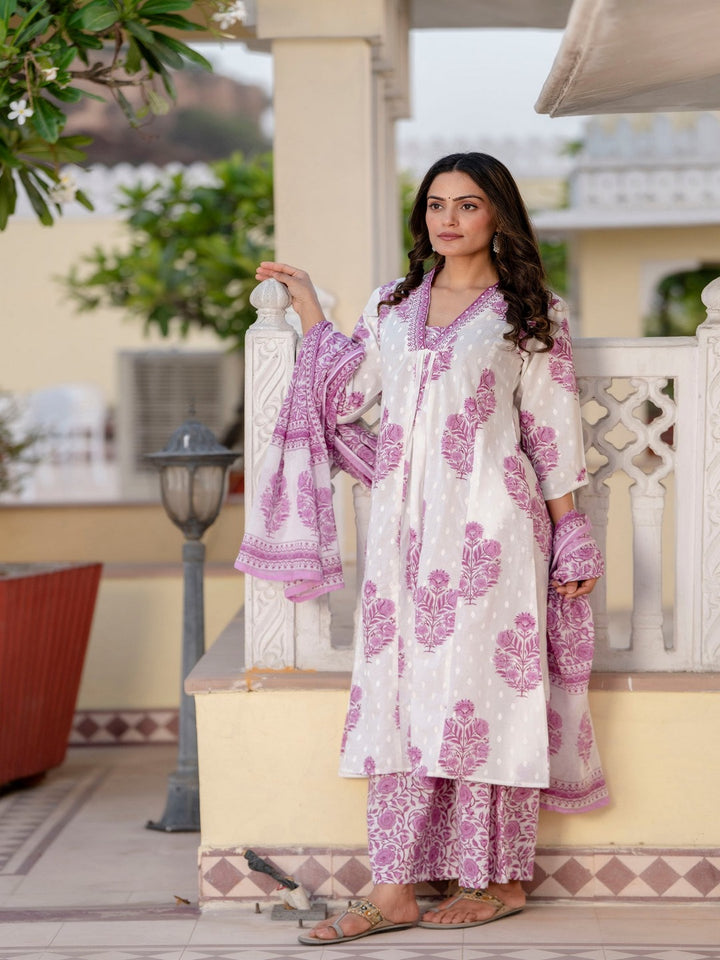 Cotton A-Line Kurta, Palazzo &amp; Dupatta Set