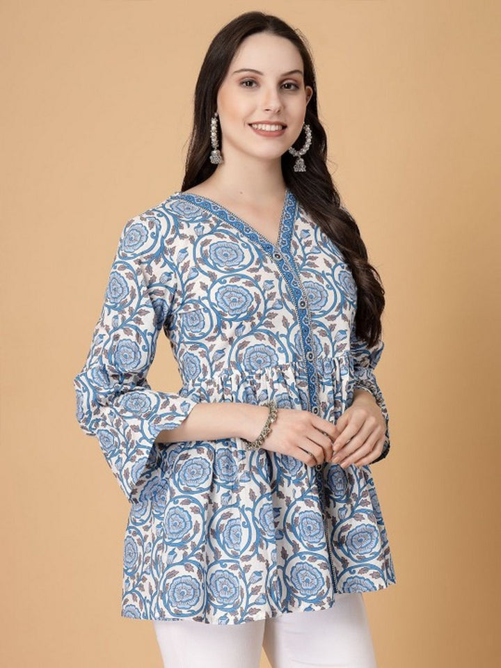 Floral Print Cotton Lace Top (Blue)