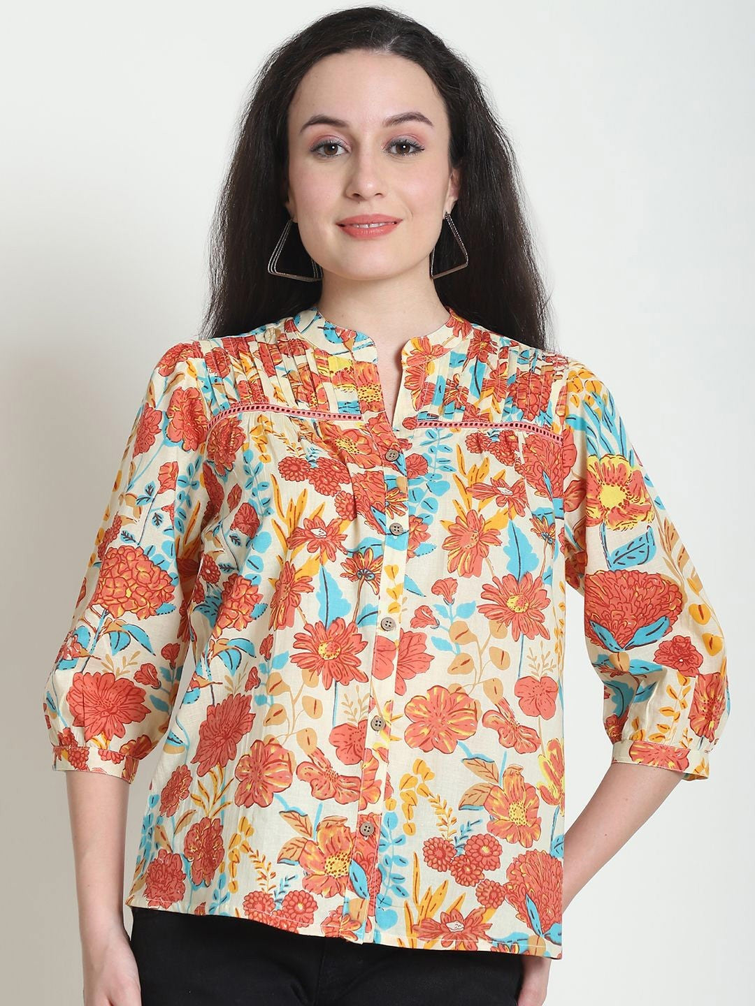 Floral Print Cotton Shirt Style Top