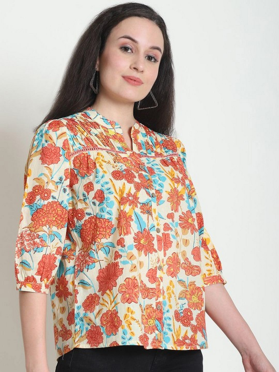Floral Print Cotton Shirt Style Top