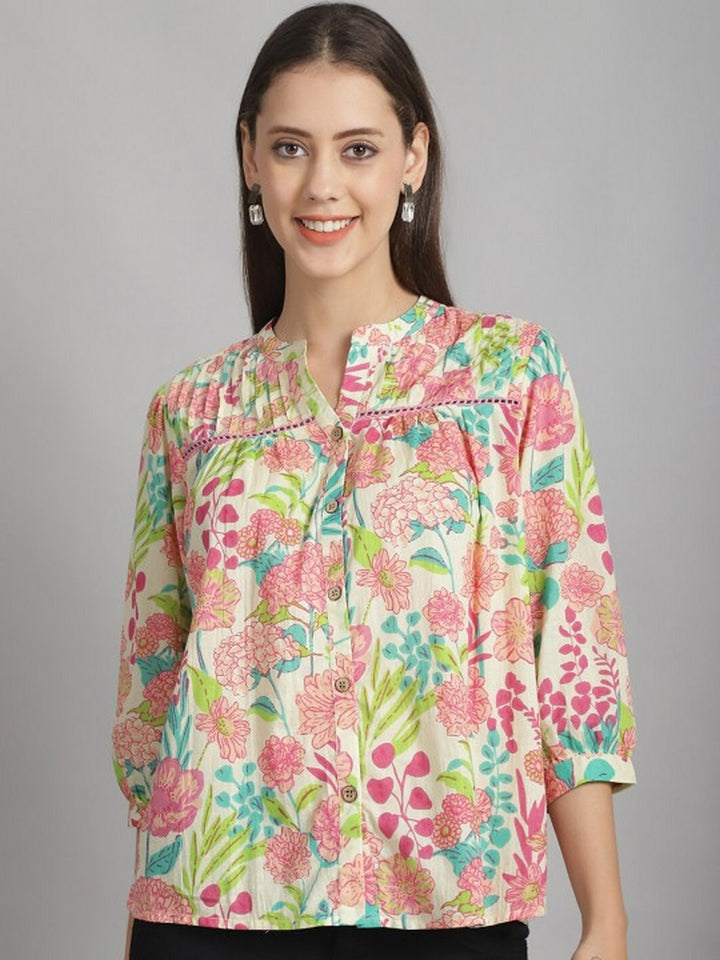 Floral Printed Mandarin Collar Cuffed Sleeves Pure Cotton Top