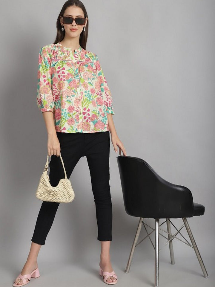 Floral Printed Mandarin Collar Cuffed Sleeves Pure Cotton Top