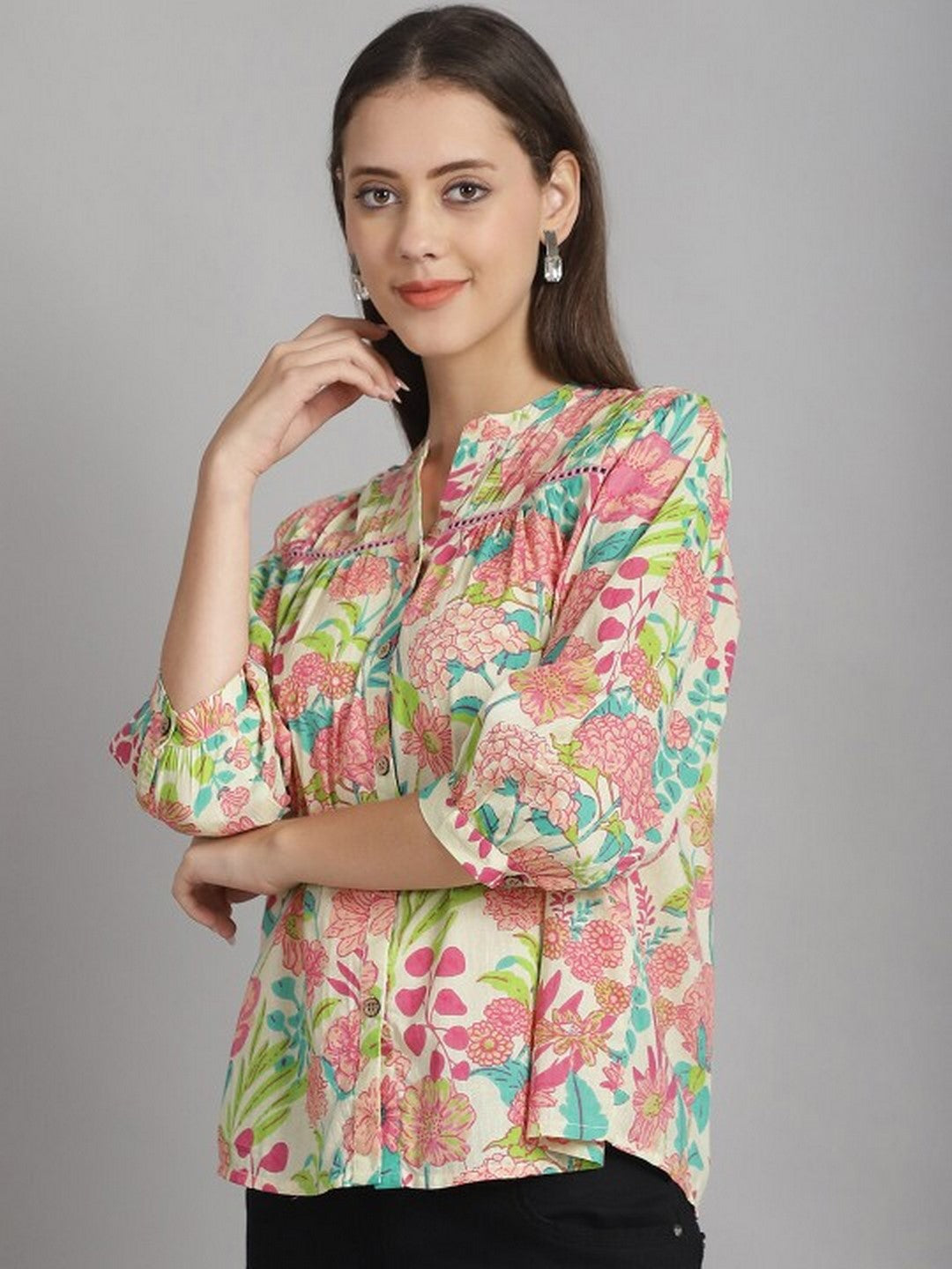 Floral Printed Mandarin Collar Cuffed Sleeves Pure Cotton Top