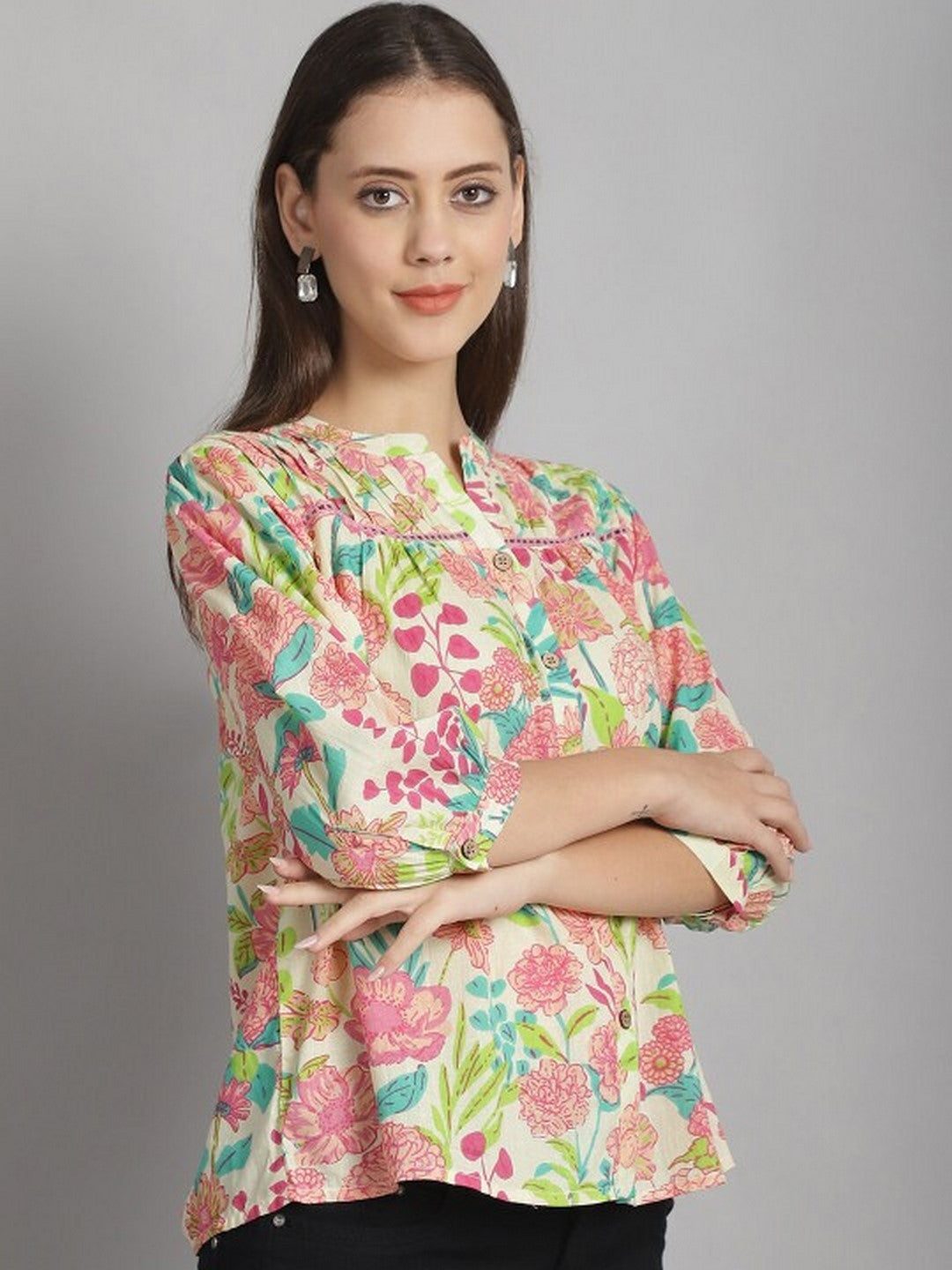 Floral Printed Mandarin Collar Cuffed Sleeves Pure Cotton Top