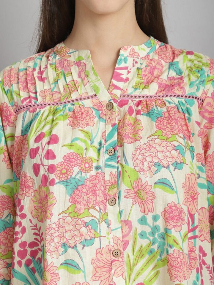 Floral Printed Mandarin Collar Cuffed Sleeves Pure Cotton Top