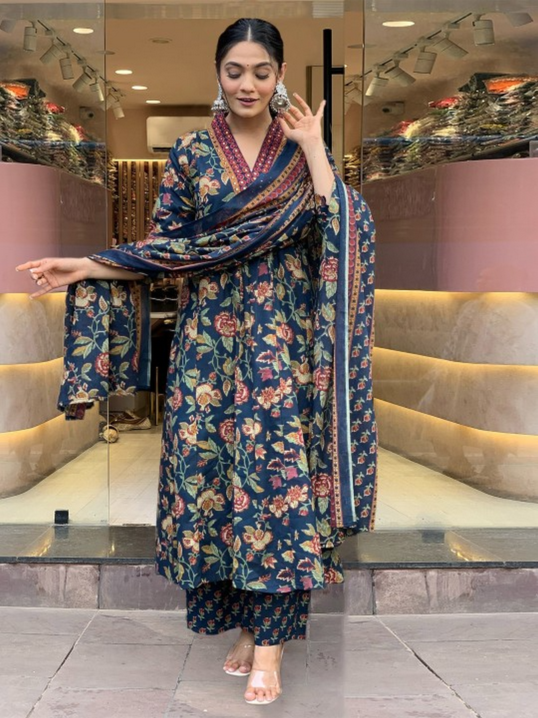 Cotton Printed Anarkali Printed Kurta With Palazzo &amp; Dupatta