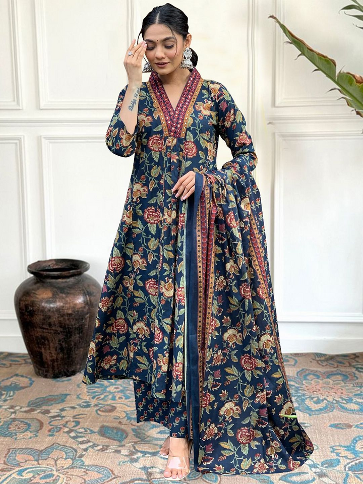 Cotton Printed Anarkali Printed Kurta With Palazzo &amp; Dupatta