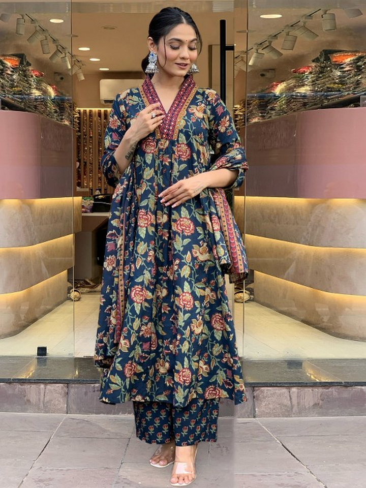 Cotton Printed Anarkali Printed Kurta With Palazzo &amp; Dupatta