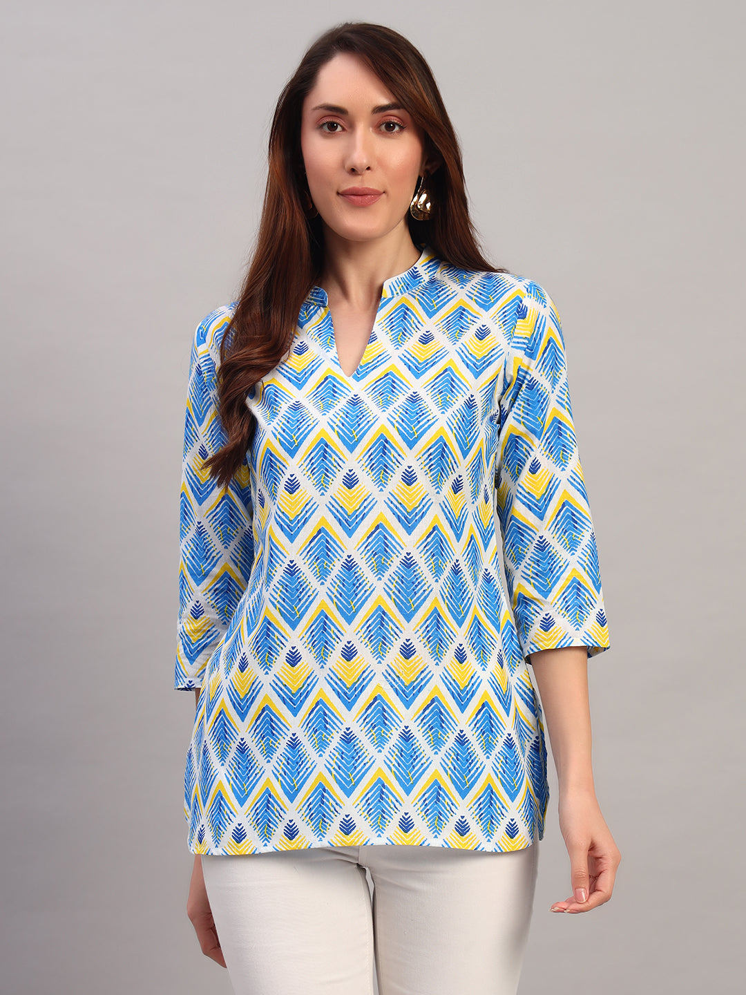 Blue Printed Cotton Tops & Tunic