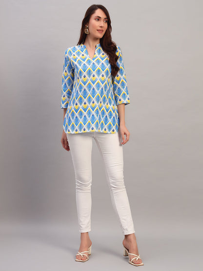 Blue Printed Cotton Tops & Tunic