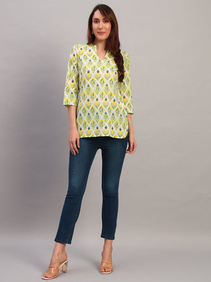 Green Printed Cotton Tops & Tunic
