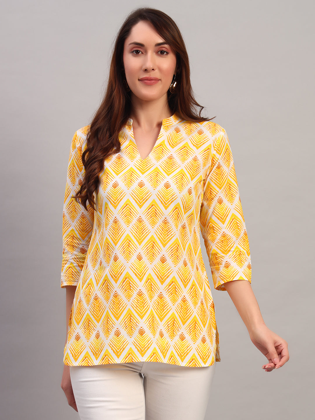 Yellow Printed Cotton Tops & Tunic
