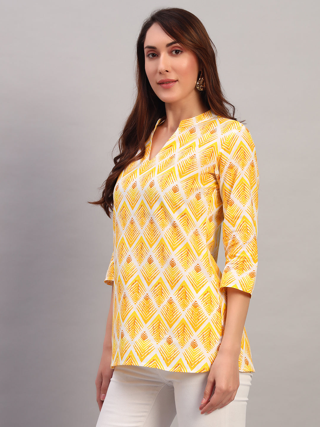 Yellow Printed Cotton Tops & Tunic