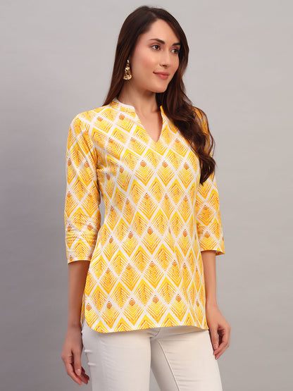 Yellow Printed Cotton Tops & Tunic