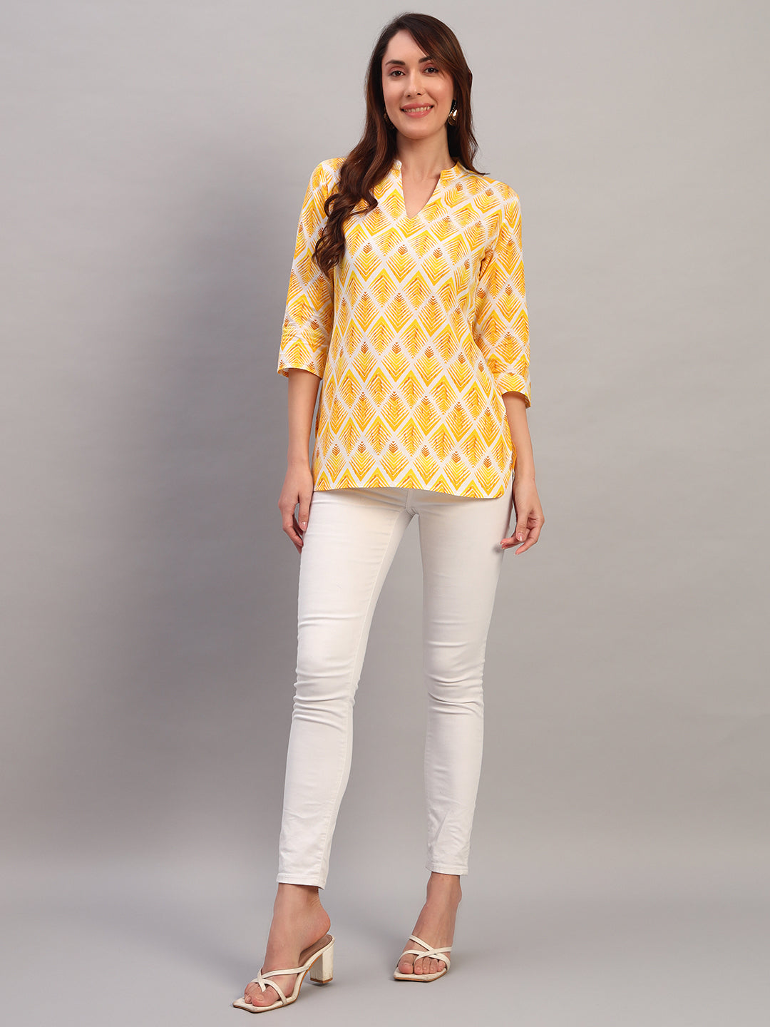 Yellow Printed Cotton Tops & Tunic