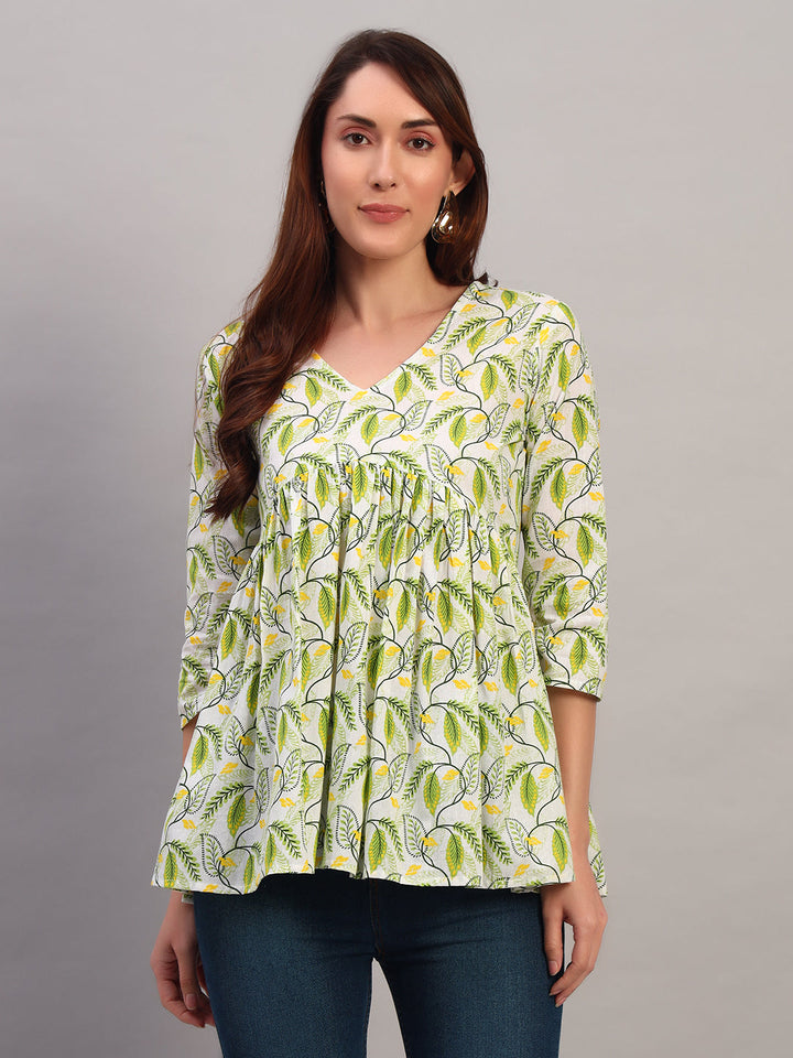 Green Printed Cotton Tops &amp; Tunic