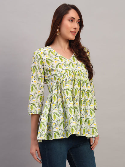 Green Printed Cotton Tops & Tunic