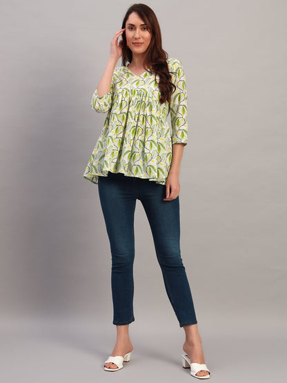 Green Printed Cotton Tops & Tunic