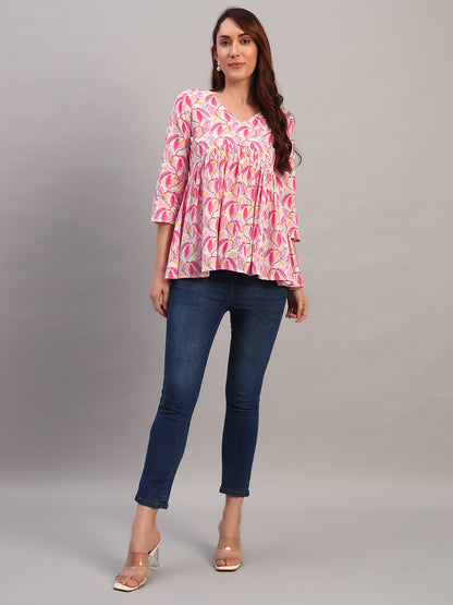 Pink Printed Cotton Tops & Tunic