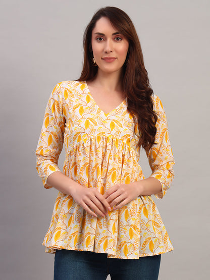 Yellow Printed Cotton Tops & Tunic