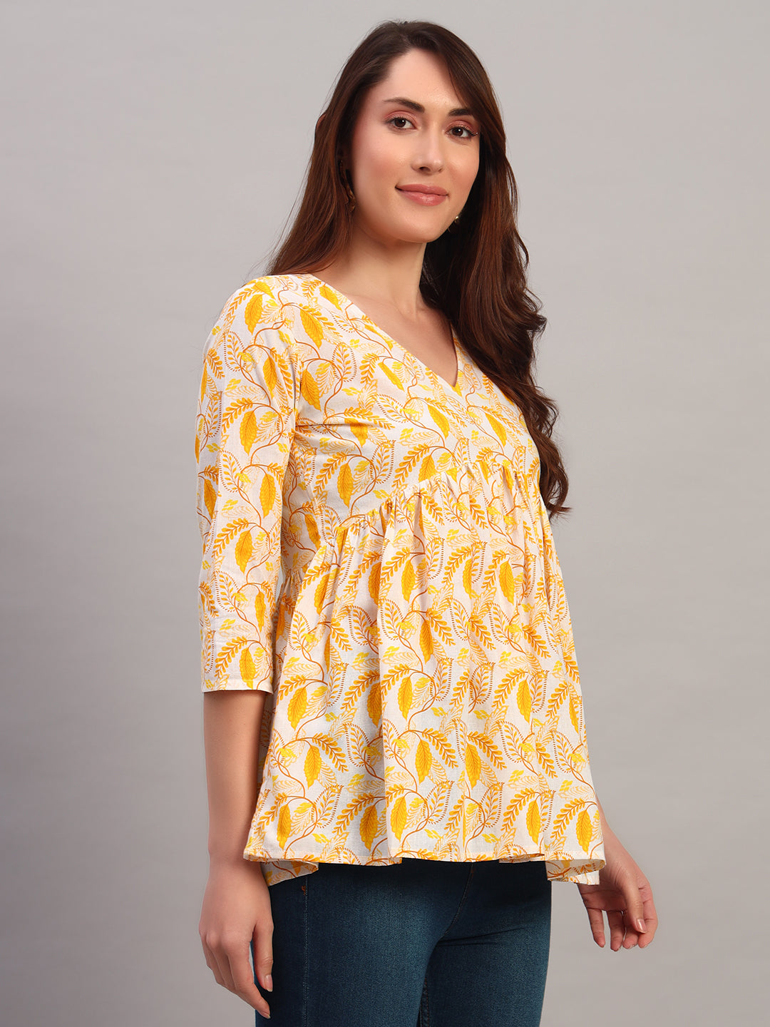 Yellow Printed Cotton Tops & Tunic