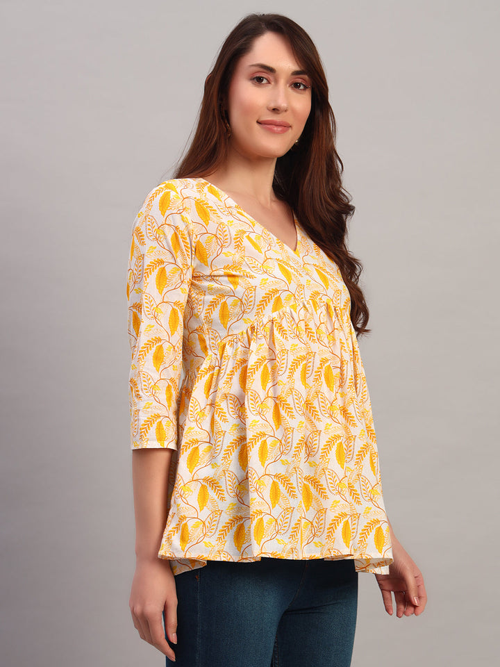 Yellow Printed Cotton Tops &amp; Tunic