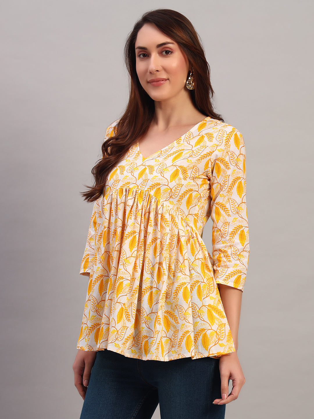 Yellow Printed Cotton Tops & Tunic