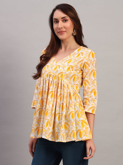 Yellow Printed Cotton Tops & Tunic