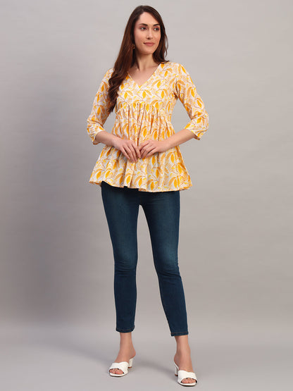 Yellow Printed Cotton Tops & Tunic