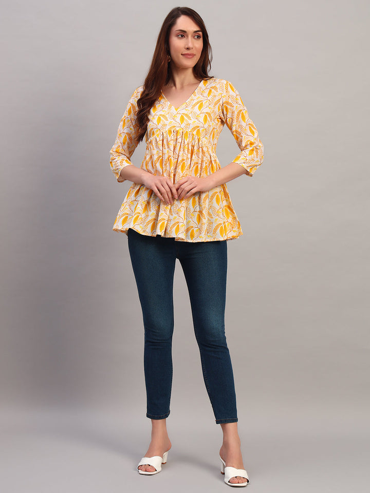 Yellow Printed Cotton Tops &amp; Tunic