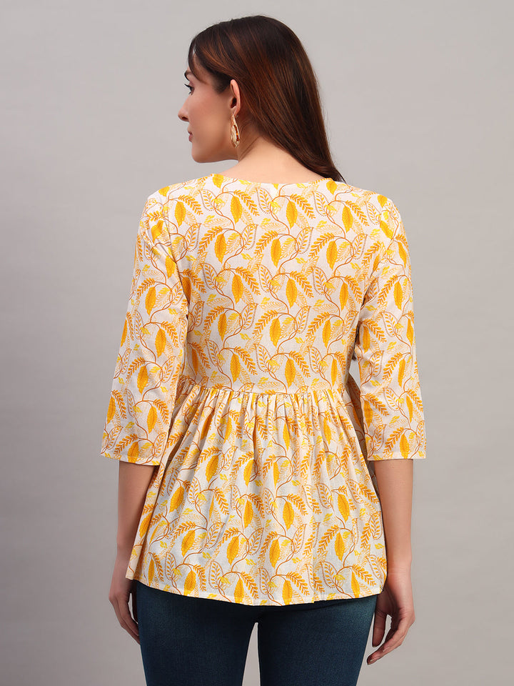 Yellow Printed Cotton Tops &amp; Tunic