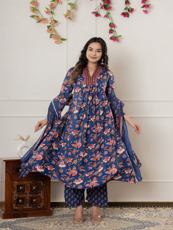 Rayon Printed Anarkali Kurta With Palazzo &amp; Dupatta Set