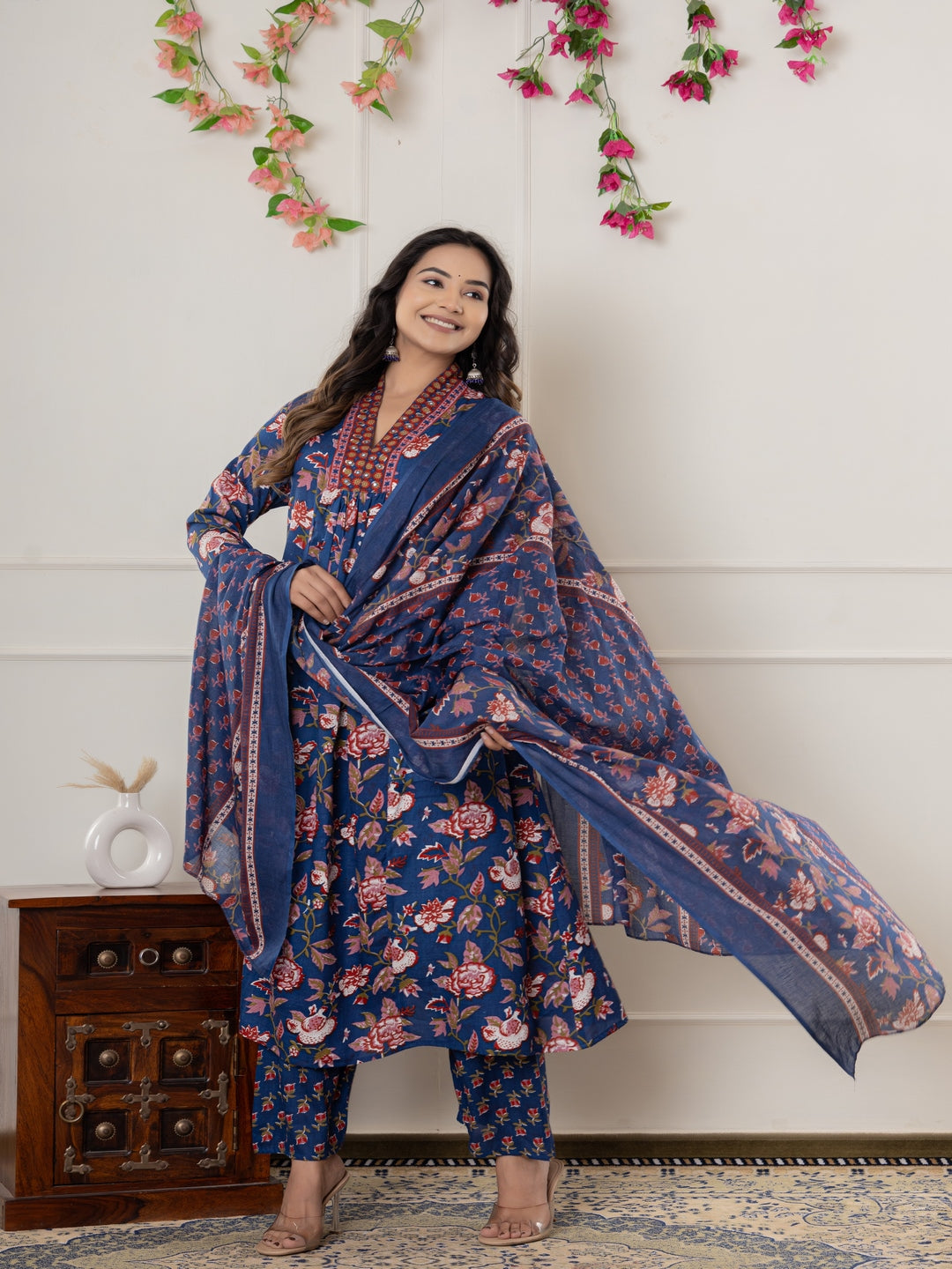 Rayon Printed Anarkali Kurta With Palazzo &amp; Dupatta Set