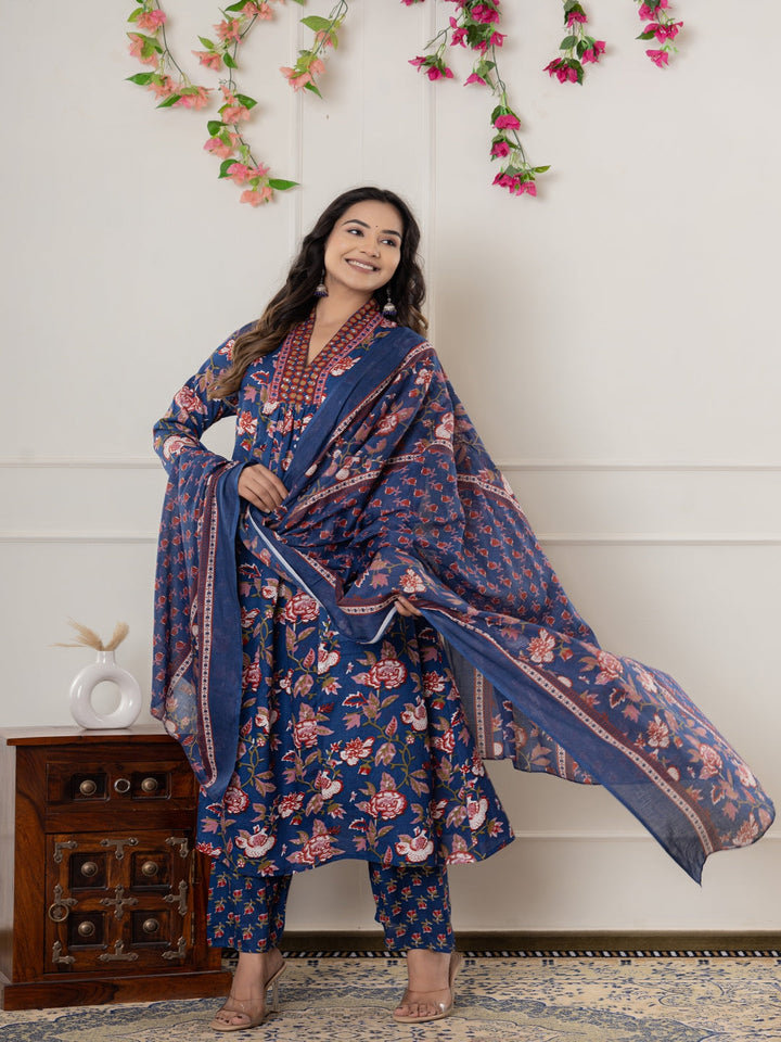 Rayon Printed Anarkali Kurta With Palazzo &amp; Dupatta Set