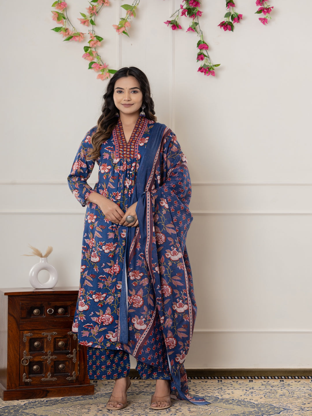 Rayon Printed Anarkali Kurta With Palazzo &amp; Dupatta Set