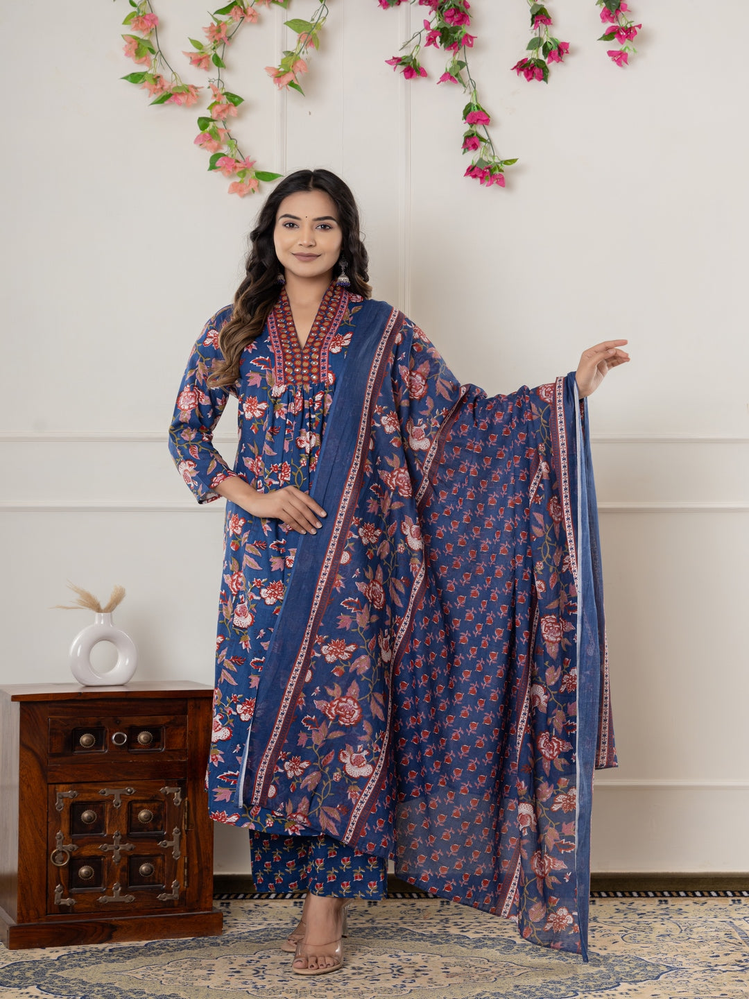 Rayon Printed Anarkali Kurta With Palazzo &amp; Dupatta Set