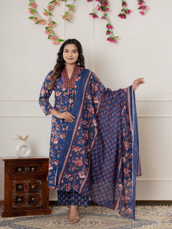 Rayon Printed Anarkali Kurta With Palazzo &amp; Dupatta Set