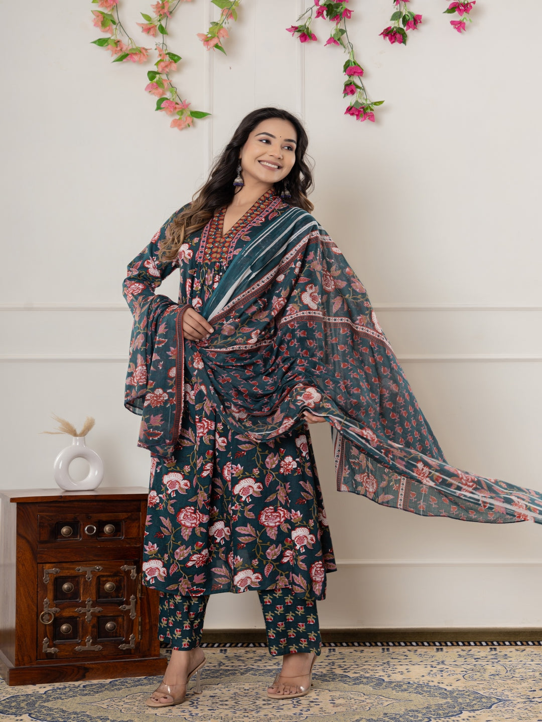 Rayon Printed Anarkali Kurta With Palazzo &amp; Dupatta Set