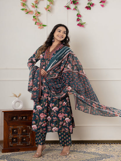 Rayon Printed Anarkali Kurta With Palazzo & Dupatta Set