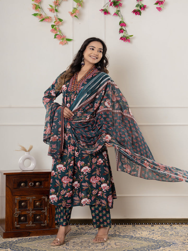 Rayon Printed Anarkali Kurta With Palazzo &amp; Dupatta Set