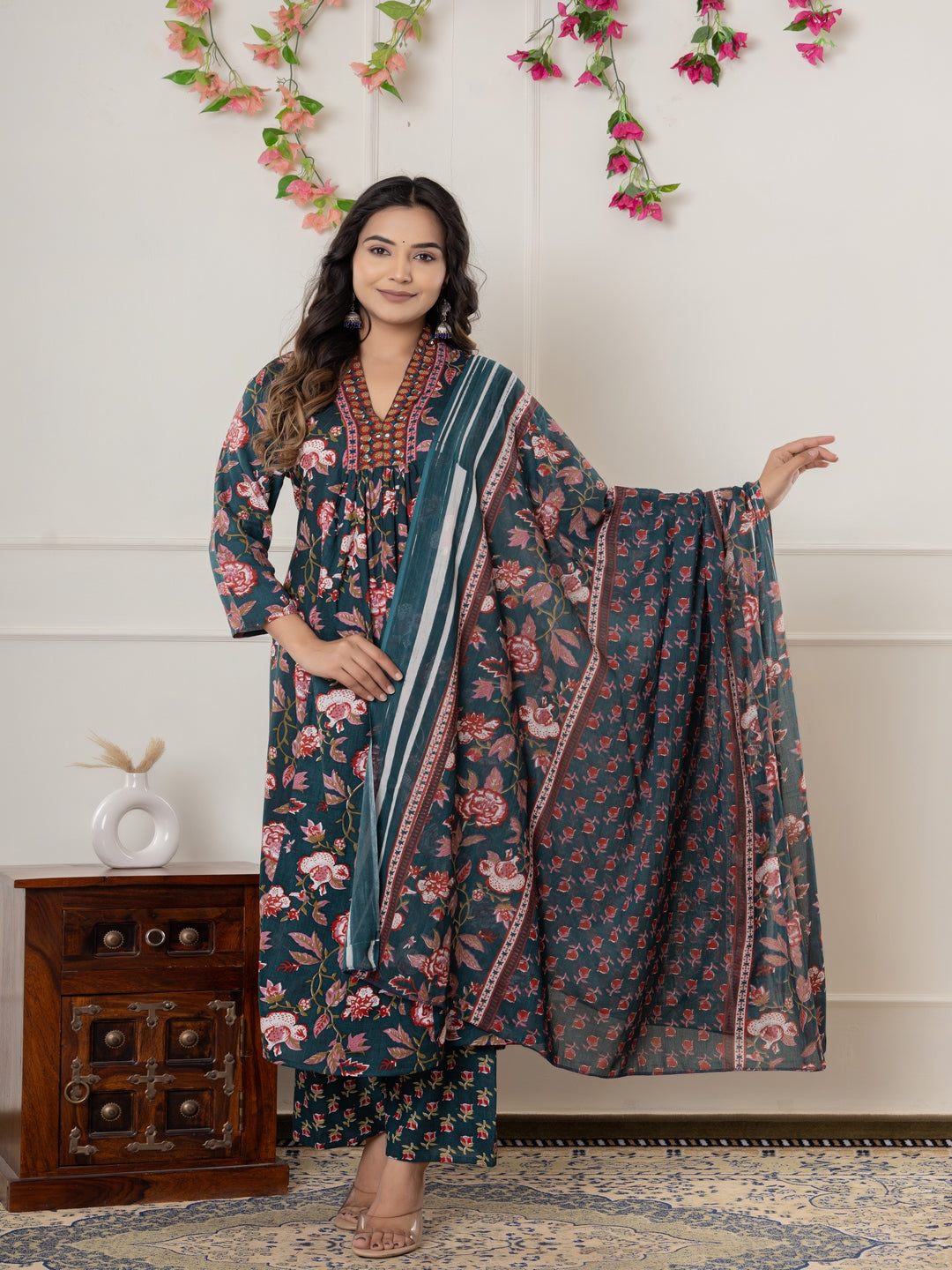 Rayon Printed Anarkali Kurta With Palazzo & Dupatta Set