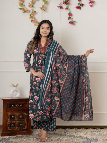 Rayon Printed Anarkali Kurta With Palazzo & Dupatta Set