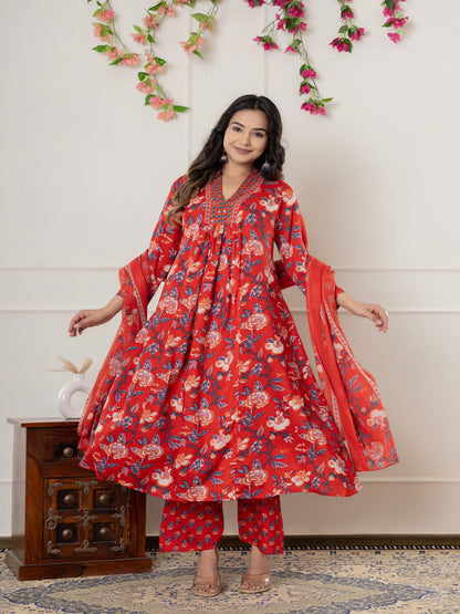 Rayon Printed Anarkali Kurta With Palazzo & Dupatta Set