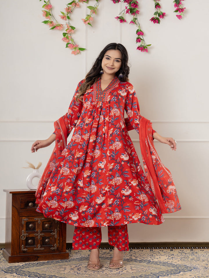 Rayon Printed Anarkali Kurta With Palazzo &amp; Dupatta Set
