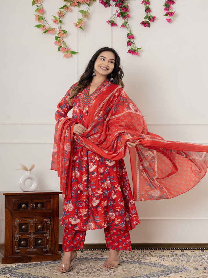 Rayon Printed Anarkali Kurta With Palazzo &amp; Dupatta Set