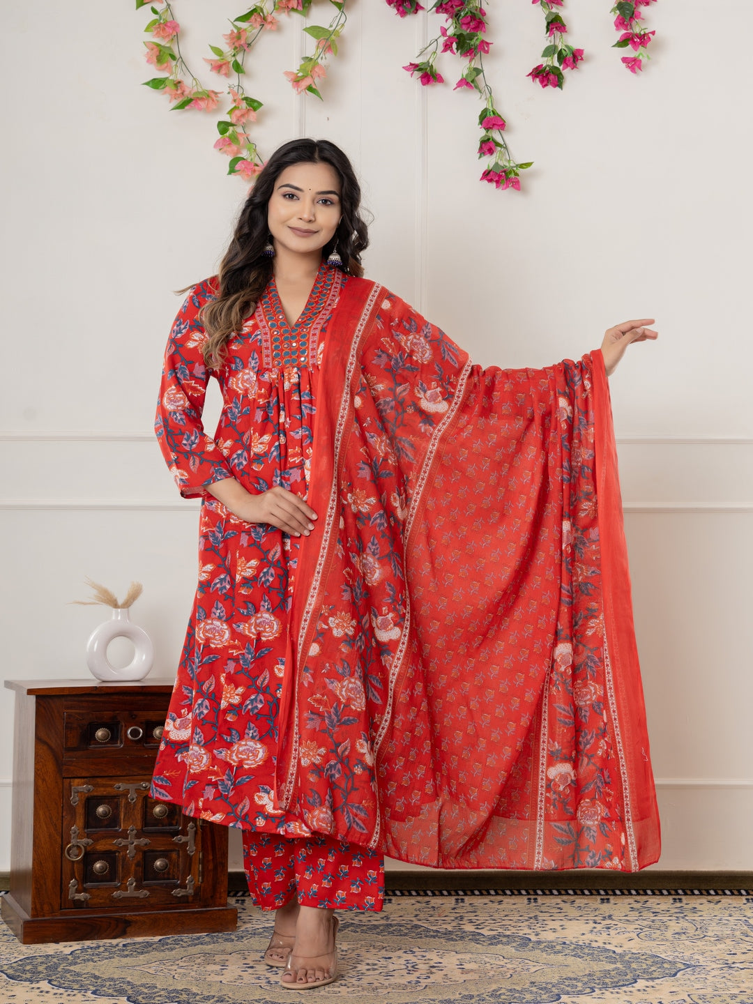 Rayon Printed Anarkali Kurta With Palazzo &amp; Dupatta Set