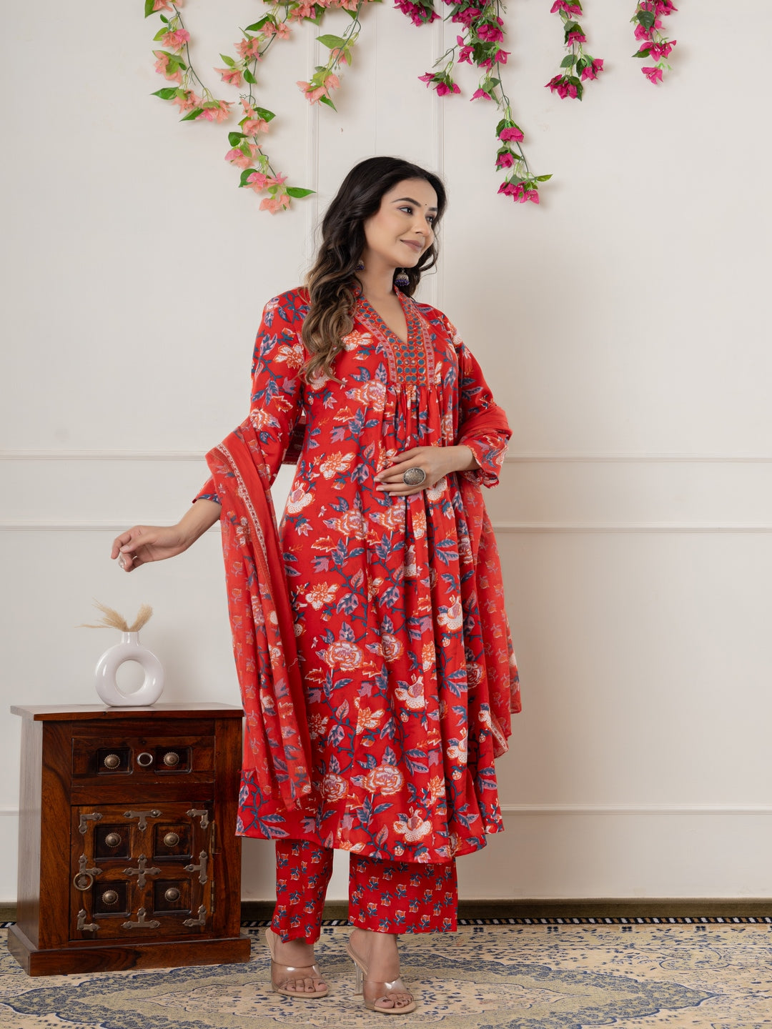 Rayon Printed Anarkali Kurta With Palazzo &amp; Dupatta Set